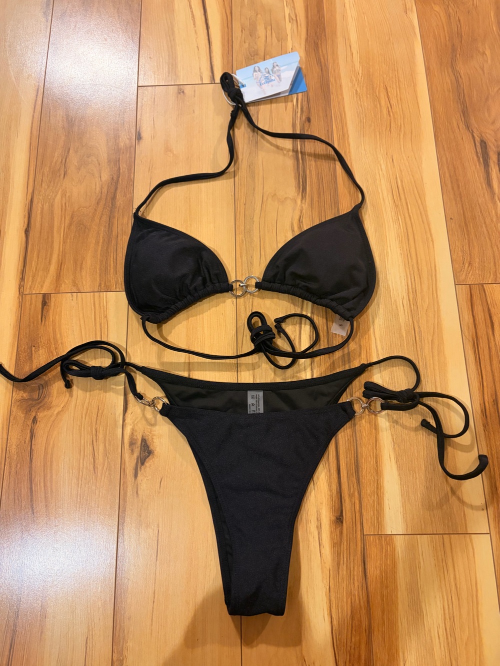 Women's Black Ring-Accent Triangle Bikini Set